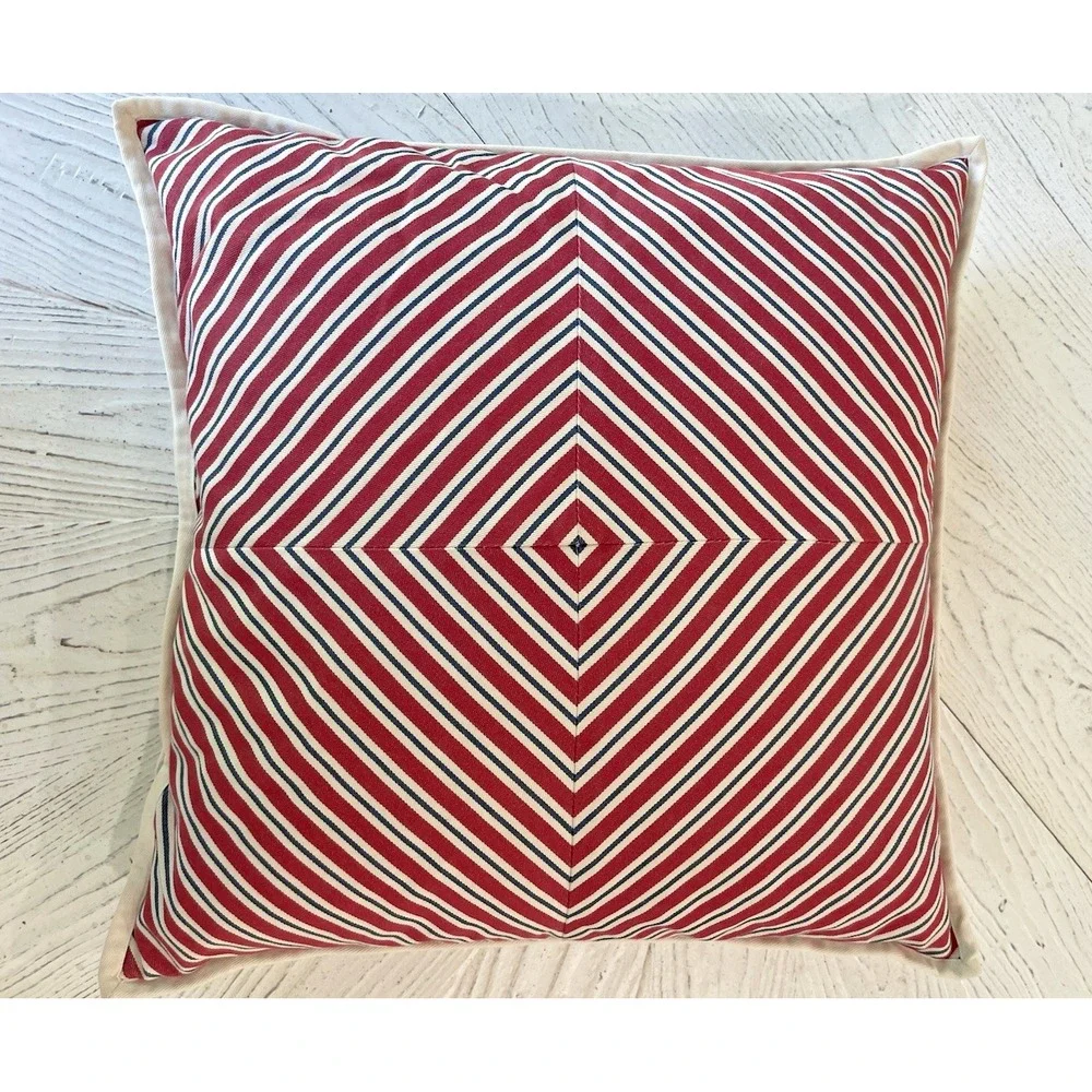 Ralph Lauren 18x18 Red Blue Ticking Stripe Pillow w/Feather Insert‎ Cote D'Azur